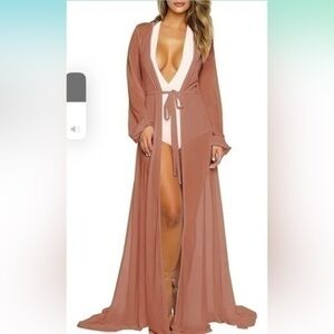Women's Long Sleeve Flowy Maxi Swimsuit Tie Front Robe Cover Up size small